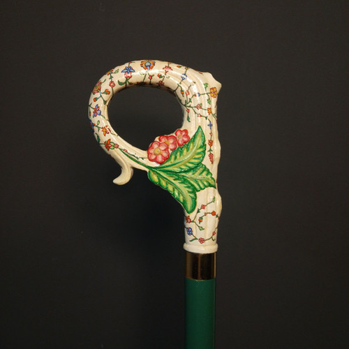 تصویر دسته عصا مدل گلستان با نقوش تذهیب گل و برگ ایرانی