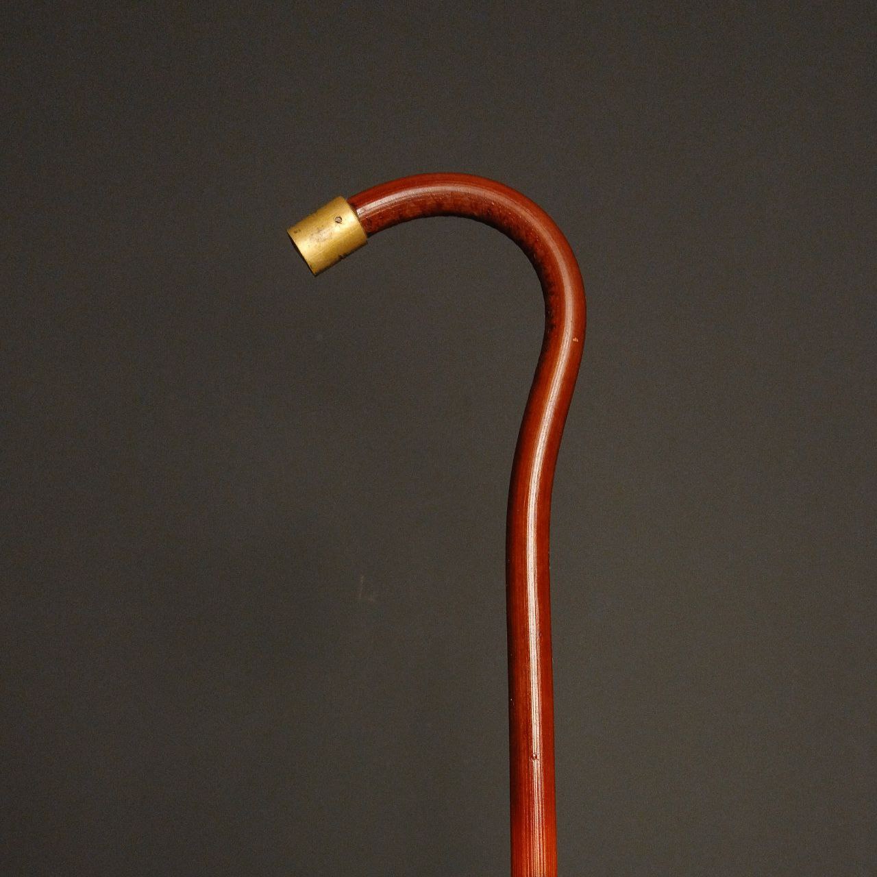 عصا خیزران کد 02 با دسته منحنی و نوک فلزی برنجی در زمینه مشکی لوکس