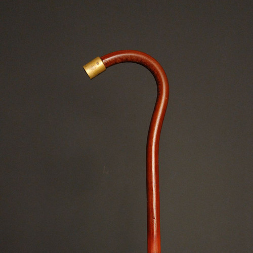 عصا خیزران کد 02 با دسته منحنی و نوک فلزی برنجی در زمینه مشکی لوکس