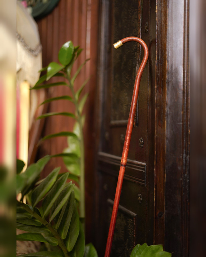 عصا خیزران کد 02 با دسته منحنی و تزئینات برنجی در گالری عصاخان