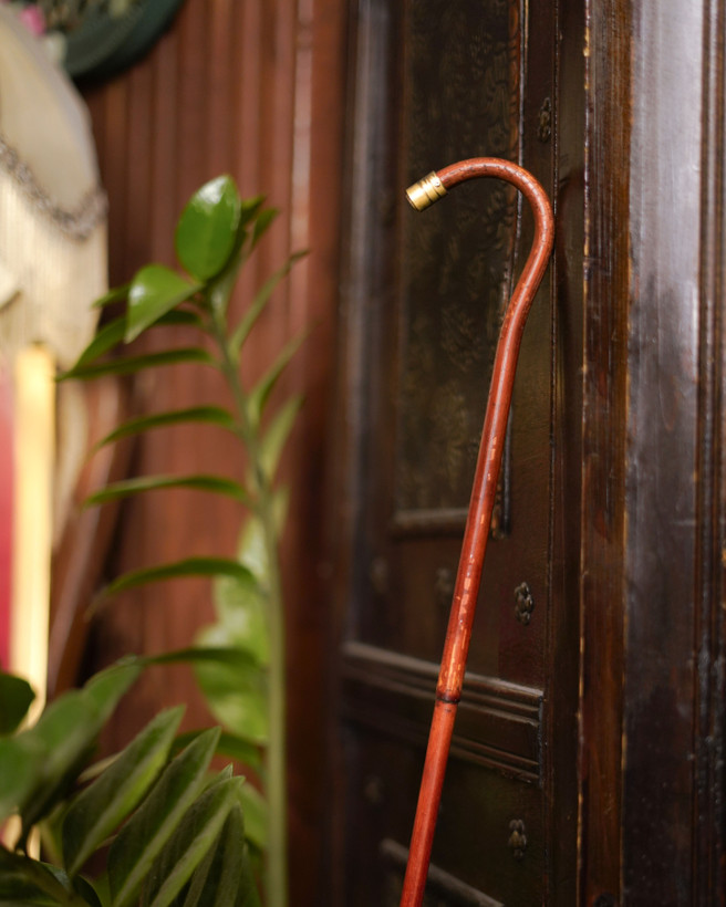 عصا خیزران کد 02 با دسته منحنی و تزئینات برنجی در گالری عصاخان