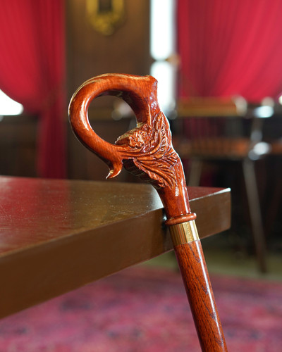 کلوز آپ دسته منبت کاری شده عصا مدل ارغوان با پرداخت براق و حلقه طلایی