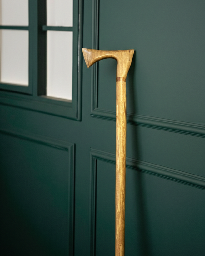 تصویر دسته عصا طرح تبر ساخته شده از چوب گردوی گیلان با حلقه تزئینی کاج کانادایی